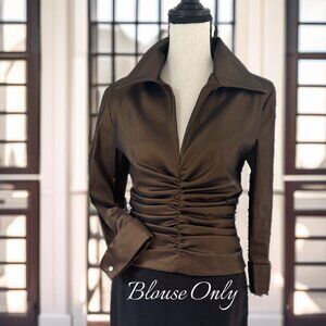 Lillie Rubin-Dark Brown Sheen Blouse Rhinestone Button on Sleeve Size P